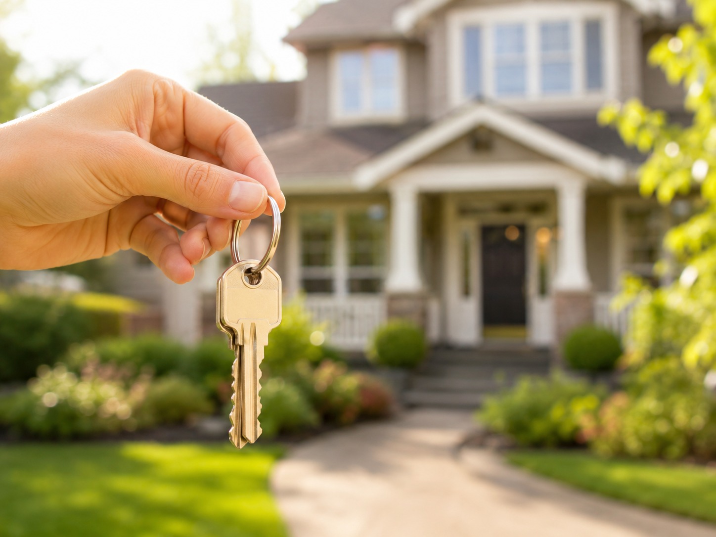 A set of house keys being handed over on a doorstep