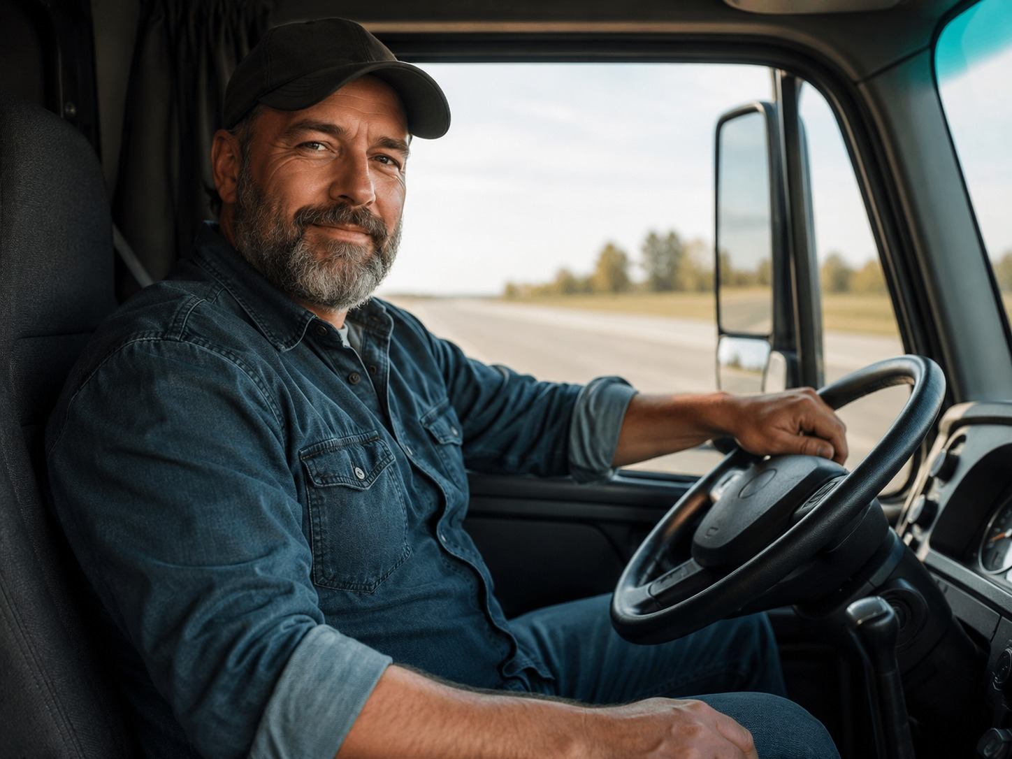 A truck driver standing beside the cab of a semi truck
